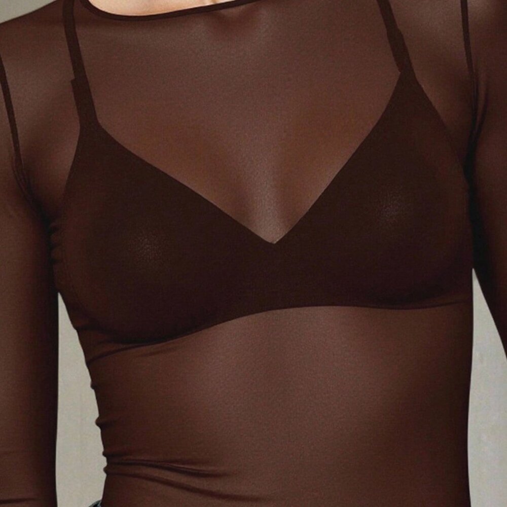 Brown Sexy Women's Round Neck Long Sleeve Sheer Mesh Blouse - Picture 4 of 4